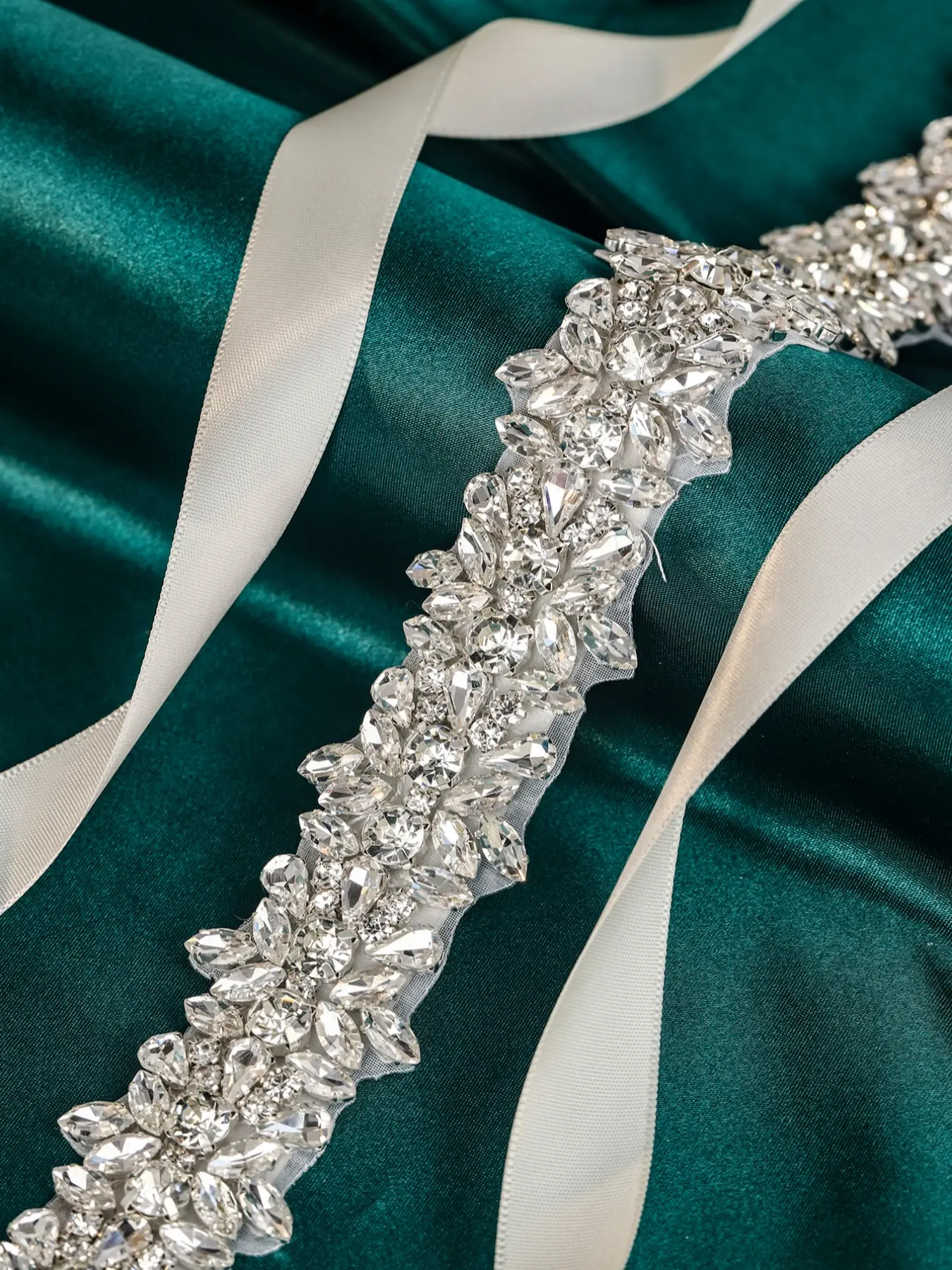 silver belt for bridesmaid dress Hand-Sewn Silver Rhinestone Wedding Dress Belt with Ribbon main image 0