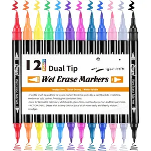 Wet Erase Markers Dual Tip,  12 Assorted Colors, Dual Tip Brush & Fine Overhead Transparency Smudge Free Markers for Dry Erase Whiteboard, Refrigerator Calendars, Glass, Films and Any Kind of