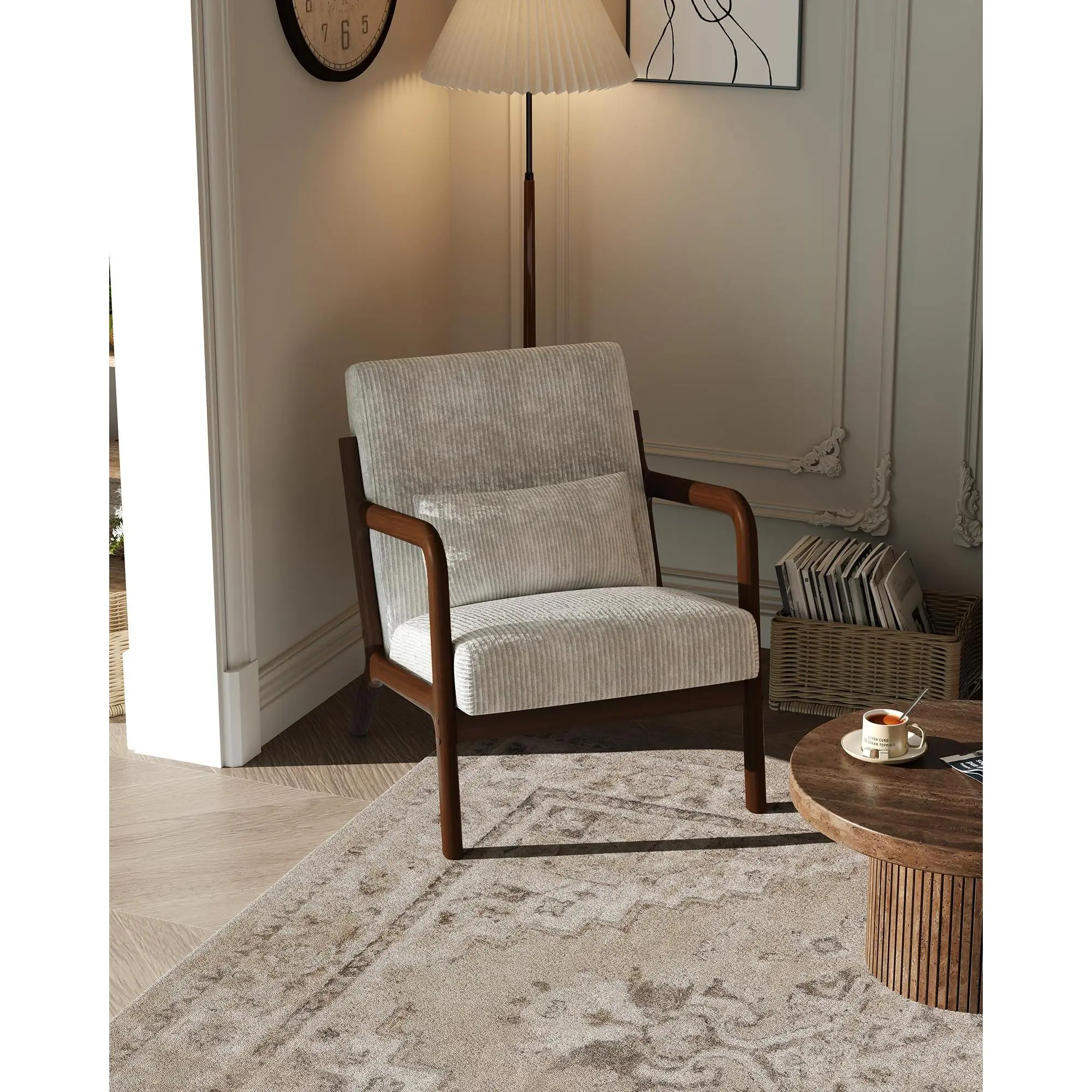 Garvee Modern Wide-Wale Corduroy Accent Chair with Mid-Century Design, Lumbar Pillow, Solid Wood Frame, Ideal for Living Room, Bedroom, or Office in Beige