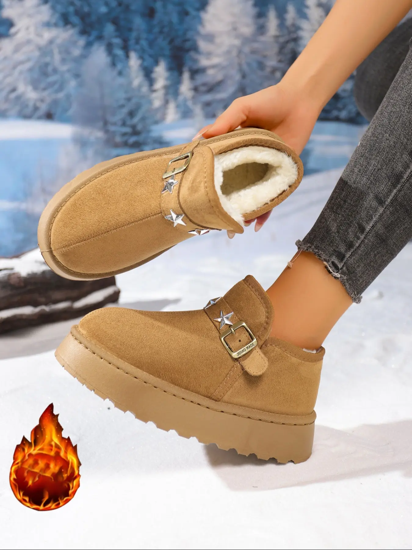 Women's New Christmas Theme Snow Boots, Star Decoration, Adjustable Buckle, Warm and Comfortable, One-Piece Wear, Fall & Winter