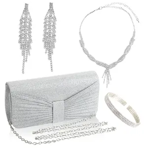 5 Pieces Women Rhinestone Evening Clutch Bag Bling Earring Necklace Bracelet for Wedding Graduation Prom