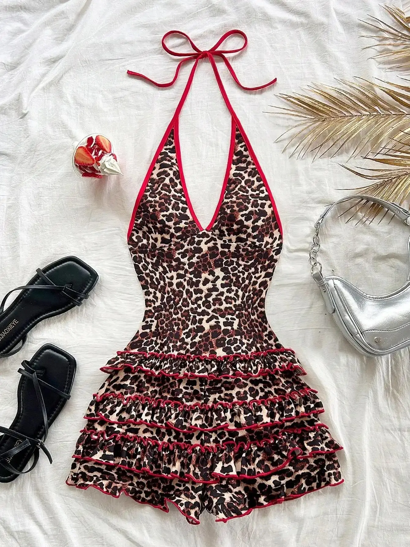 Women's Leopard Print Halter Romper Y2K V Neck Layered Ruffle Cheetah Shorts Jumpsuit for Club Night Out Music Festival Party street style luxe feel dressed down statement piece