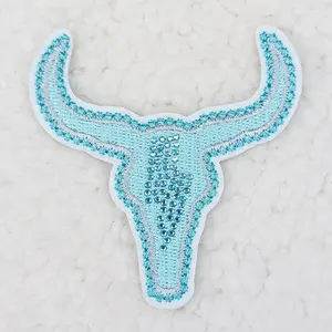 RHINESTONE Bull Skull HAT/POCKET Embroidered Patch