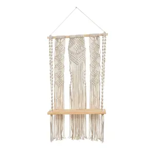 2.5’ x 1.5’ Layered Macrame Wall Hanging with Wooden Shelf 2.5’ x 1.5’ Layered Macrame Wall Hanging with Wooden Shelf