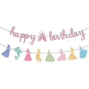 Pink Happy Birthday Princess Banner Decorations Pink Garland Glitter Bunting for Girls Coquette Birthday Party Decorations Favor Supplies