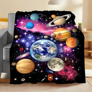 Contemporary Space-Themed Flannel Fleece Blanket - Machine Washable Geometric Planets Patterned Throw - Fantasy All-Season Multipurpose Knitted Sofa, Nap, Air Conditioning, Car, Camping Cozy Blanket with Polyester OCloud-soft, floral-printed, gold-trimmed