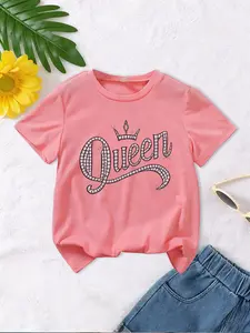 Girls' Queen Crown Font T-Shirt, Short Sleeve Tee, Elegant Cartoon Print, Comfortable Breathable Fabric, Casual Daily Wear