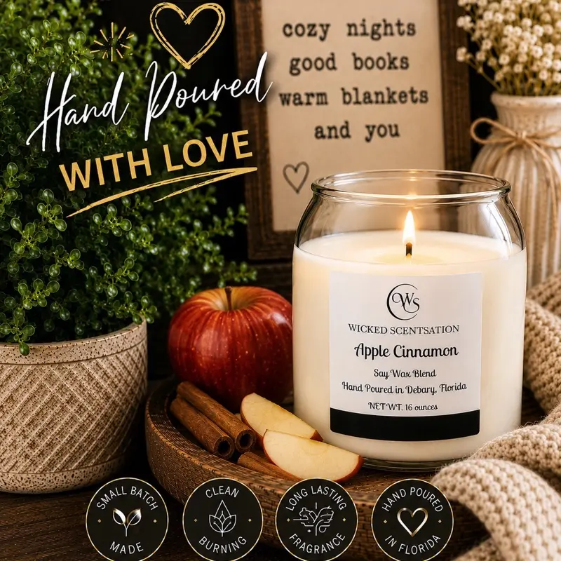 Apple Cinnamon 16 Ounces Hand Poured Soy-Wax Blend Candle in Glass Jar with cork ball lid  Decoration Decorative for Home Decor - Ornaments Scented Gift