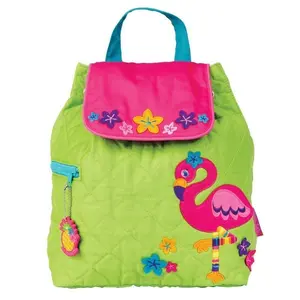 Flamingo Quilted Backpack - Green with Pink Flamingo Design, Floral Accents, and Colorful Accents, Ideal for Kids' Backpacking
