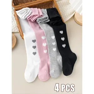 4-Pack Casual Heart Pattern Jumpsuits for Girls, Spring & Fall Wear, Daily Fashion, Comfortable and Stylish, Soft Comfy Socks