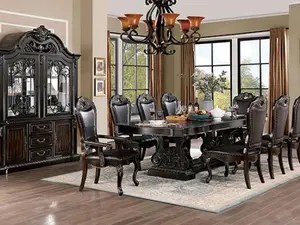 Astoria Grand Singletary CM3146T 7-Pc Lombardy Walnut Finish Wood Double Pedestal Dining Table Set with 2 Arm & 4 Side Chairs Classic Design Sturdy Construction Assembly Required