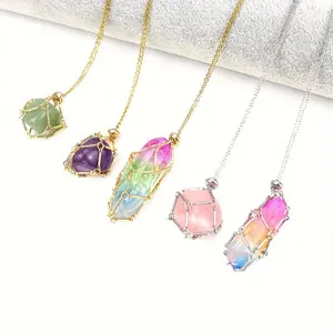 [Stainless Steel Pendant] 1pc Stainless Steel Metal Bamboo Woven Net Cage Pendant - Natural Crystal Raw Stone Ore Adjustable Necklace