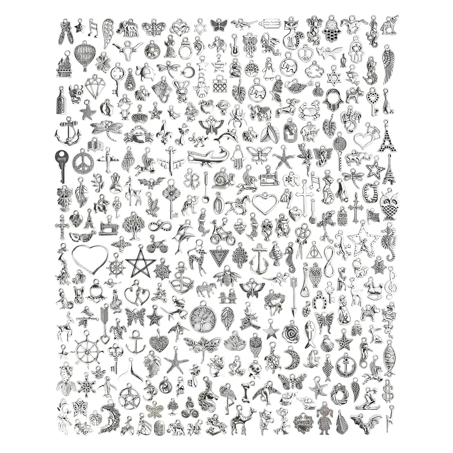 300 PCS Wholesale Bulk Lots Jewelry Making Charms Mixed Smooth Tibetan Silver Alloy Charms Pendants DIY for Bracelet Necklace Jewelry Making and Crafting
