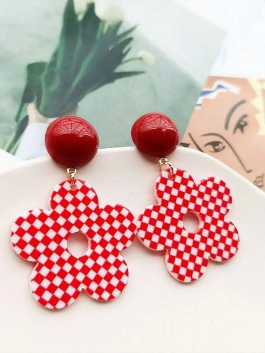 Women's 1-Pair Red Round Resin-Acrylic Flower Polka Dot Pendant Stud Earrings, European-American Style, Personalized Sweet Elegant Costume Jewelry
