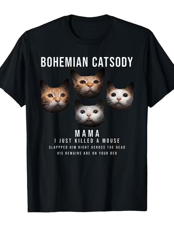 Men's Bohemian Crew Neck Short Sleeve T-Shirt - Graphic Print, Humorous "Mom, I Just Killed a Mouse" Quote, Mocking Cat Design, Casual Wear, Short Sleeve Tops