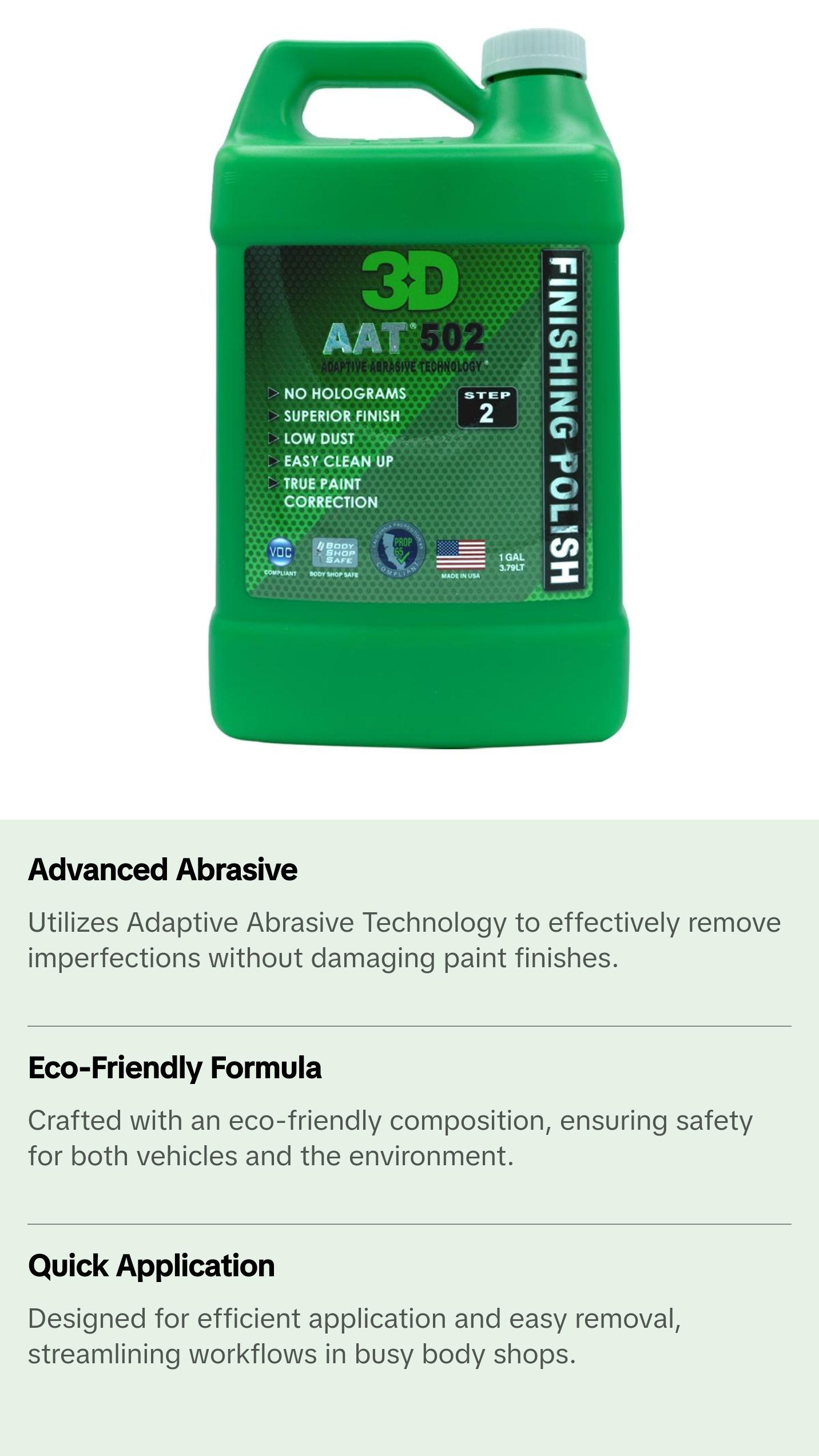 3D AAT 502 Finishing Polish Step 2 Body Shop Finishing Polish - No Holograms or Fillers - Superior Finish - Low Dust, Easy Clean Up - Adaptive Abrasive Technology