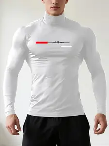 Men's High Neck Long Sleeve Slim Fit Thermal Top, Casual Letter Pattern, Summer Wear, Moderate Fabric Thickness, H Type Silhouette, Thermal Menswear