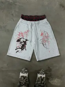 Y2K Retro Streetwear Plaid Patchwork Waist Aesthetic Graphic Sweatshorts | Vintage Double-Waistband Drawstring High-Waist Hip-Hop Casual Relaxed Shorts, Unisex Straight Leg, Knee-Length, Casual Weekend Wear, Casual Comfy Shorts