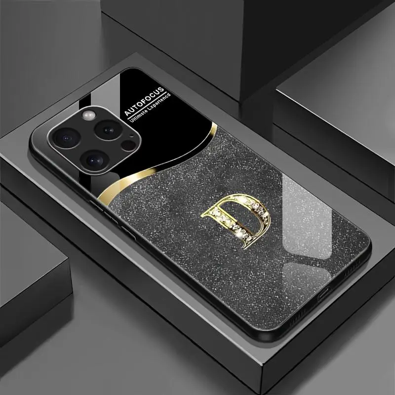 Suitable for [iPhone 16 Pro Max] New high-end flashing letter glass mobile phone case New business simple metal paint electroplated glass mobile phone case Affordable anti-fall and anti-fingerprint-888