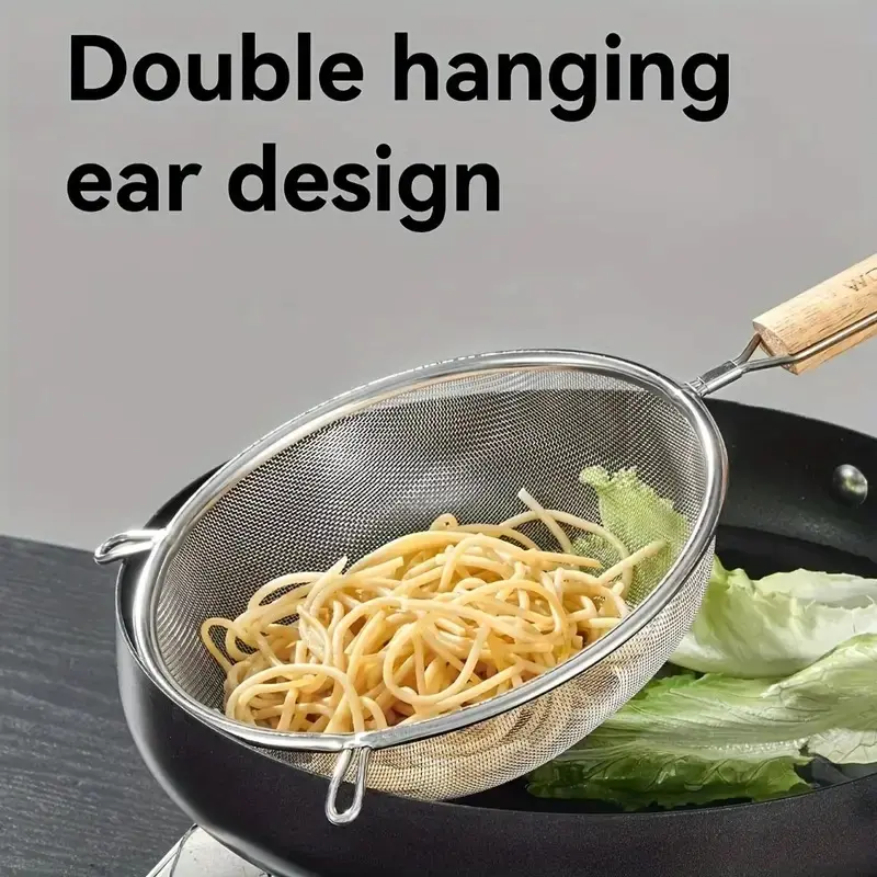 Stainless Steel Fine Mesh Strainer with Wooden Handle and Double Ears - Kitchen Sieve Colander, Kitchen Utensils for Cooking, 1Pc