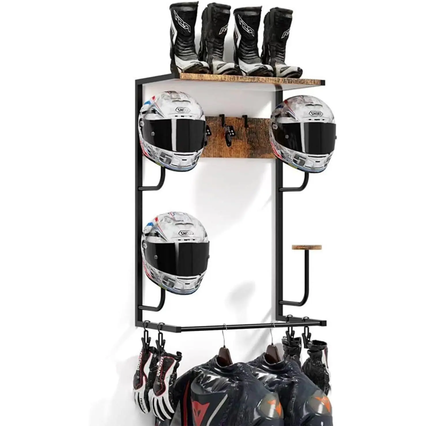 Wall-Mounted Motorcycle Helmet Holder with Wooden Boards & 4 Hat Stands, Garage/Room Motorcycle Gear Storage Accessory for Most Helmets & Clothes