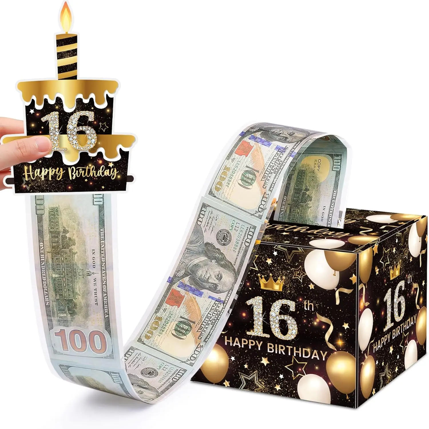 16th Birthday Money Box for Cash Gift, Surprise Pull Out Money Gift Box with 100Pcs Transparent Bags - Fun Ways to Give Cash as A 16th Birthday Gift for Girls Boys