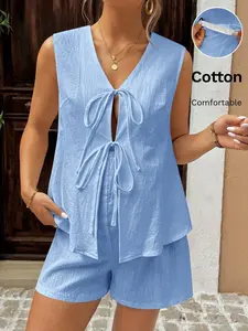 MaterniRIO Maternity Solid Color V-Neck Tie Front Cardigan And Shorts Casual Outfit