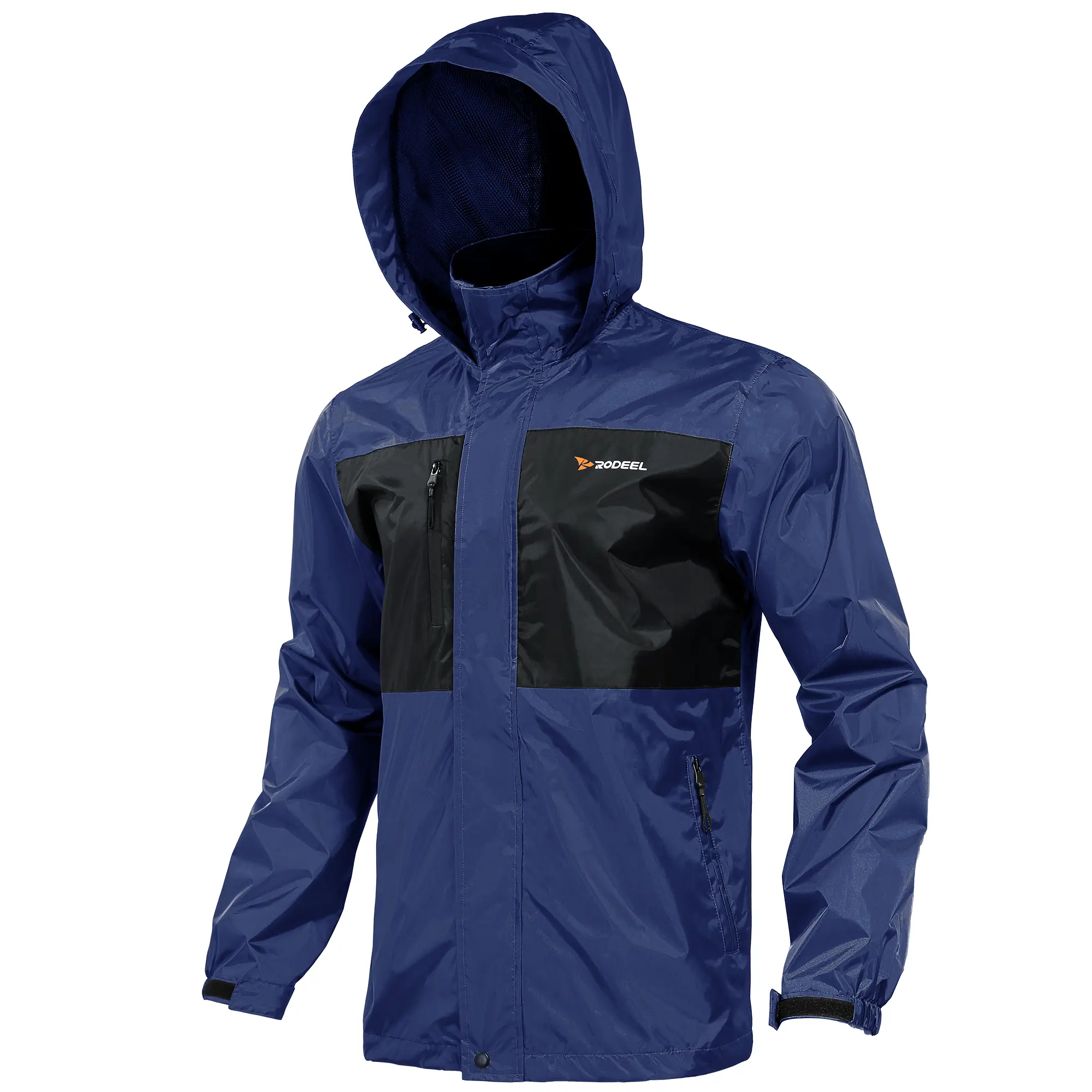 RODEEL Men's 722 Waterproof Long Sleeve Hooded Neck Rain Jacket - Lightweight, Breathable, Durable Polyester Fabric Full-Zip Windbreaker - Universal Multi-Size Outdoor Hiking, Camping Rainwear, Holiday Gift
