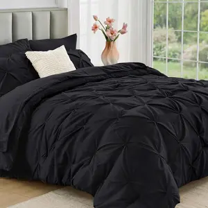 Black Queen Comforter Set 7 Pieces - Bed in a Bag Queen for All Season, Pintuck Bedding Comforter Sets with Comforter, Flat Sheet, Fitted Sheet and Pillowcases & Shams