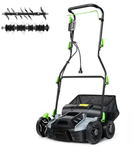 Electric Lawn Dethatcher & Scarifier 15.5 Amp, 14" 2-in-1 Corded Aerator with 5-Depth Settings & 14.5 Gal Bag for Yard Care