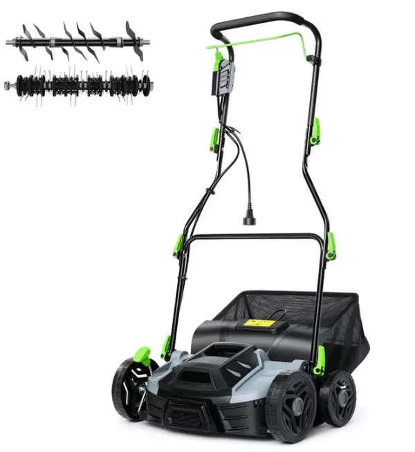 Electric Lawn Dethatcher & Scarifier 15.5 Amp, 14" 2-in-1 Corded Aerator with 5-Depth Settings & 14.5 Gal Bag for Yard Care
