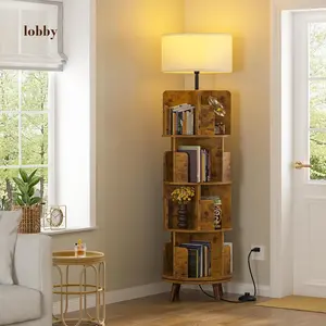 TVU 4Tire Rotating Bookshelf with Light, 360 Degree Spinning Book Shelf Tower, 4-Tier Circular Bookcase for Small Spaces, Fits Any Corner, for Study,Living Room,Bedroom,Office, Flame Finish