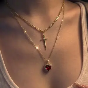 14K Gold-Plated Heart & Sword DDXL0003 Red Diamond Vintage Set Necklace