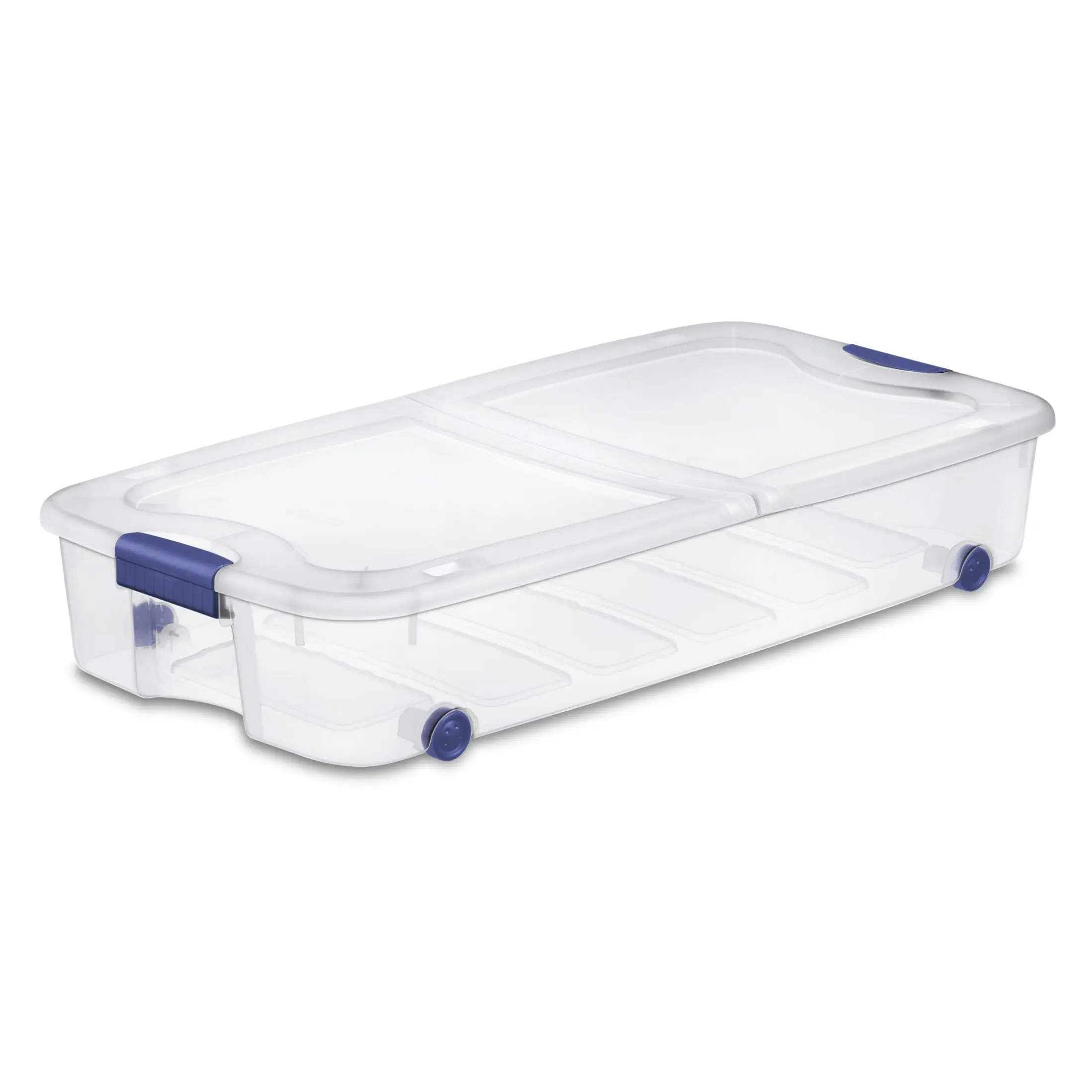 Sterilite Latching Wheeled Storage Bin, 66 Quart Clear Underbed Storage Container with Latch Lid, Blue