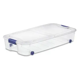 Sterilite Latching Wheeled Storage Bin, 66 Quart Clear Underbed Storage Container with Latch Lid, Blue