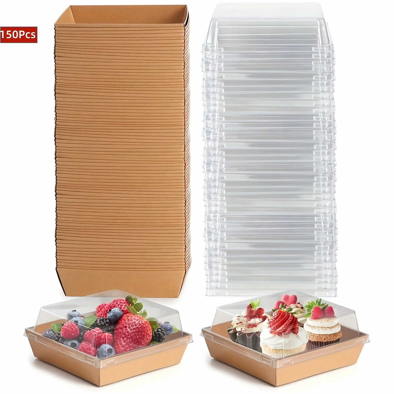 150pcs Square Disposable Paper Charcuterie Boxes with See-Through Lids - Bakeware Food Containers for Strawberries, Cupcakes, Desserts - Utensils-Compatible To-Go Mini Boxes for Party Use, Christmas Feasts