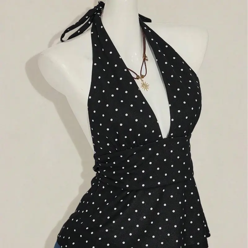 Fashion Trendy Statement Halter Deep V Ruched Backless Polka Dot Tank Top Crop Fitted, Stylish Aesthetic Vibe Halter Neck Sleeveless Summer Wear, Women's Casual Clothing