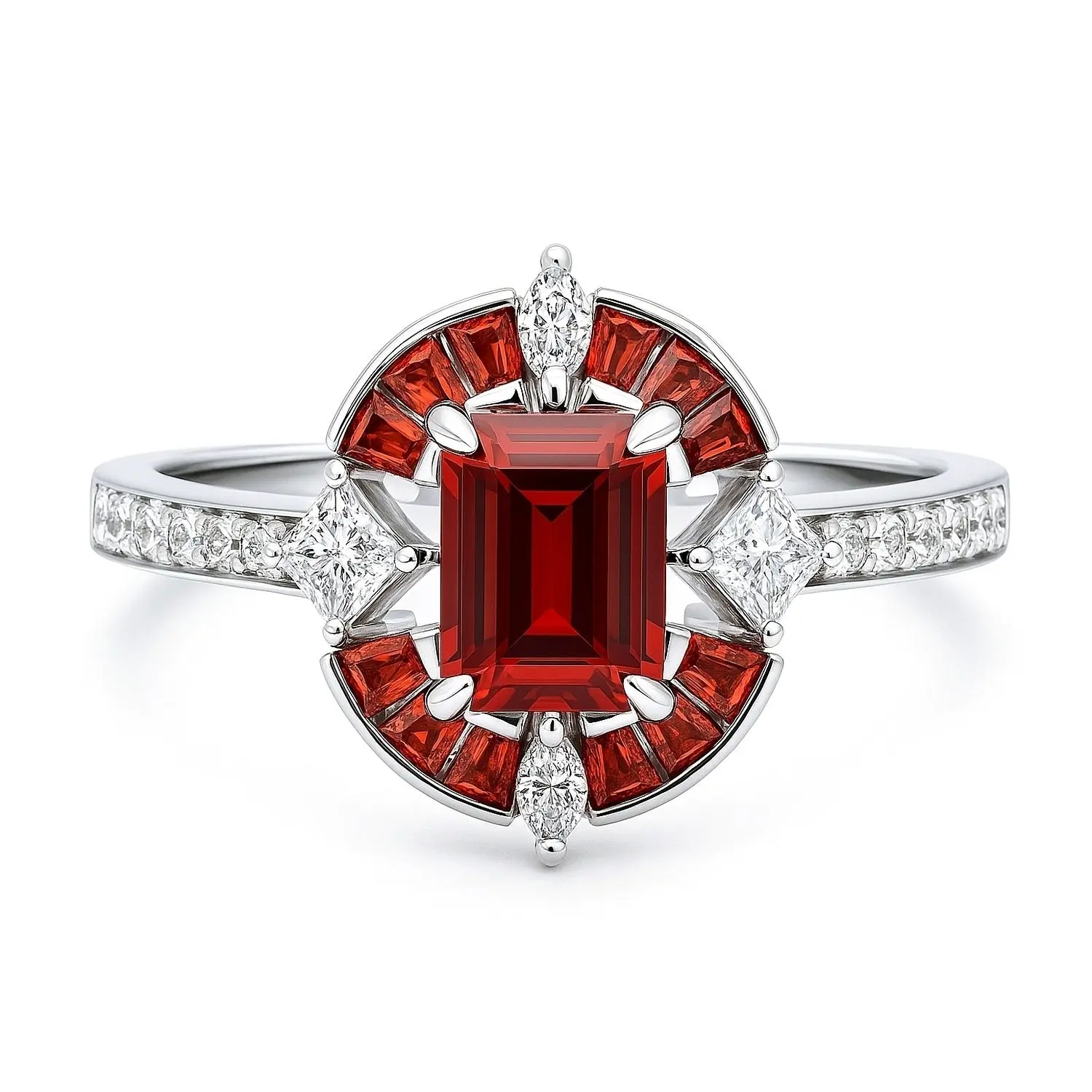 BERRICLE Sterling Silver Halo Art Deco Statement Cocktail Ring for Women, Garnet-Red Step Emerald Cut Cubic Zirconia CZ
