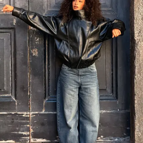 Women's Stand Collar Faux Leather Jacket, Streetwear Casual Style Outerwear Long Sleeve Coats for Spring & Fall, Waterproof & Windproof Clothes for Daily Wear, Oversized Jacket, Casual Fashionable Outerwear, Casual Collared Outerwear