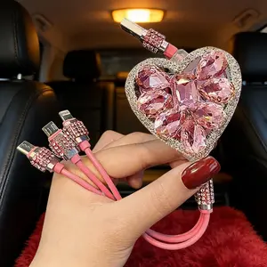 Girly Bling Rhinestone Heart 3-in-1 USB Charging Cable, Sparkly Crystal Multi Fast Charger Cord, Pink White Aesthetic Phone Car Accessory, Cute Viral  for Women,Cute Aesthetic Bling Rhinestone Heart 3-in-1 USB Charger Cable, Sparkly Crystal gift