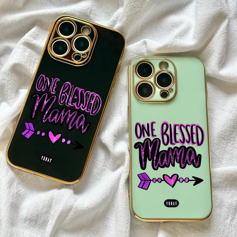 One Blessed Mama Quote TPU Phone Case Heart Arrow Pattern Compatible with iPhone 17 Pro Max 15 Plus 14 Pro 13 12 11 XS Max XS XR Shockproof Anti-Fall Protective Case Gold Frame Protection Cover