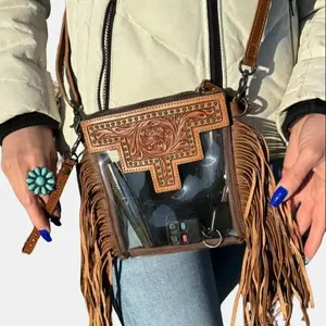 Boho Clear Tooled Leather Purse - Hand Tooled Western Concert Bag Clear Stadium Bag, Punchy Transparent Crossbody Game Day Vinyl Festival - Gift for Her