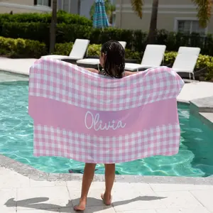 Gingham Beach Towel Name Bath Towel Personalized Kid Pool Towel Kid Birthday Gift Boy Gingham Towel Girl Pink Beach Towel Baby Beach Towel