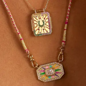 New Square Brand Bohemian Inlaid Zircon Dripping Oil Literary Retro Tarot Women's Necklace Zirconia Pendant