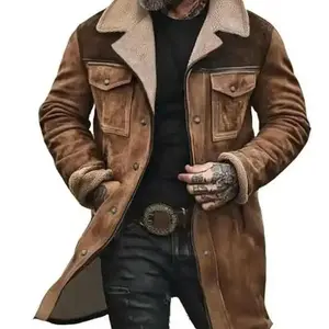 Mens Western Cowboy Jacket Vintage Suede Jacket Long Trench Coats Zip Up Plush Collar Cowboy Peacoat Retro Tops Casual Menswear Fathersdaygift Soft Fleece Hoodie jacket western clothing jackets letterman ffa jacket western clothing windbreakers Leather