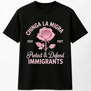 [Graphic T-shirt] [100% Cotton]Raglan Black & Pink Rose Graphic T-Shirt – "Protect & Defend Immigrants" Inspirational Unisex Baseball Tee, Casual Short Sleeve Crew Neck, Soft Cotton Blend, Everyday Streetwear Shirt, Trendy Graphic Top