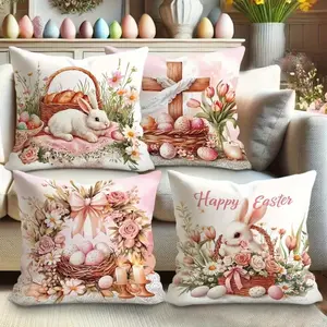 Easter Bunny Egg Flower Pattern Pillow Covers Set, 4pcs Single-Sided Print Decorative Pillows, 45x45cm, Hidden Zipper, Indoor Outdoor Use