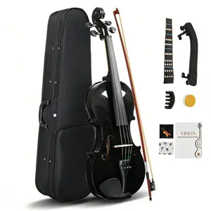 4/4 Full Size Solid Wood Acoustic Violin Kit for Adult Beginners - Includes Hard Case, Shoulder Rest, Rosin, Violin Bow, Extra Strings, Black Finish