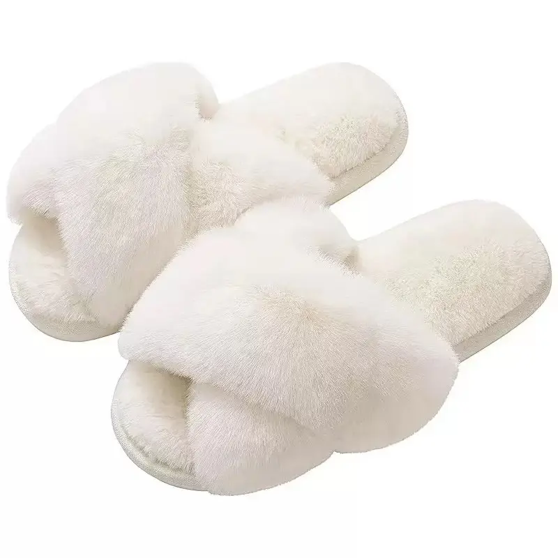 Women's Stylish Fuzzy Cross-Band Open-Toe Slippers, Soft Memory Foam Warm Soft-Cushioned House Slides, White Indoor Home Shoes for Wedding Bridesmaid Gifts, Soft Cushioned Slippers