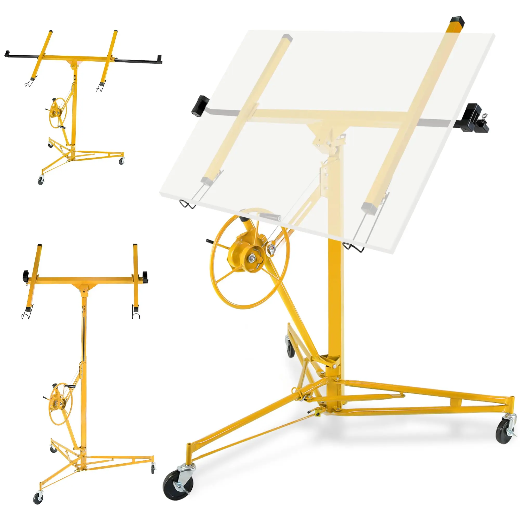Yellow Drywall Lift, 150lb Drywall Lift Jack with Wheels - 11FT Adjustable Steel Sheetrock Hoist for Ceiling & Wall Installation - Heavy Duty Panel Lifter for Pros & Homeowners